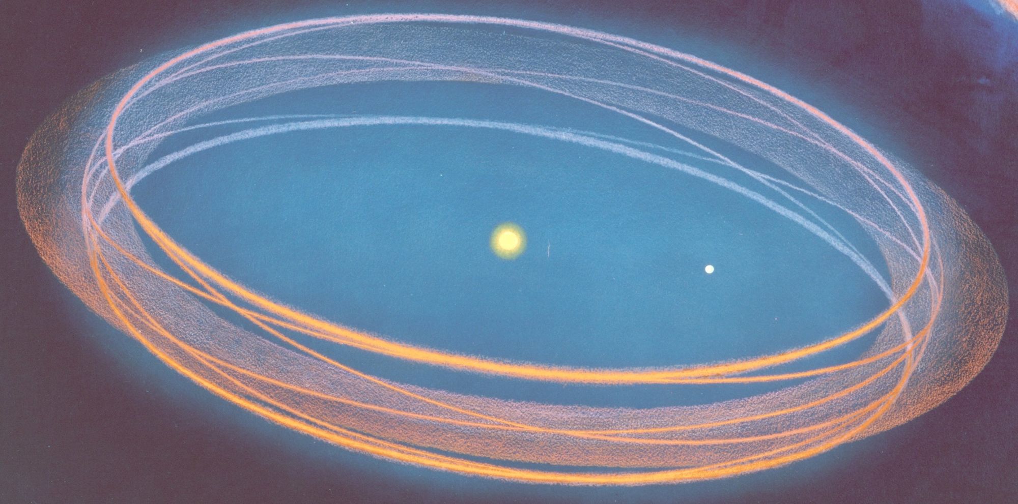 Painted orbits of light circling a small sun against deep blue